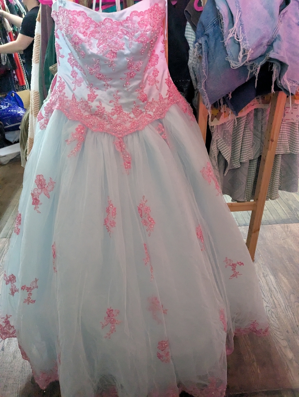 Alfred Angelo Pink and White Tulle Formal Dress with Floral Lace, Quinceanera